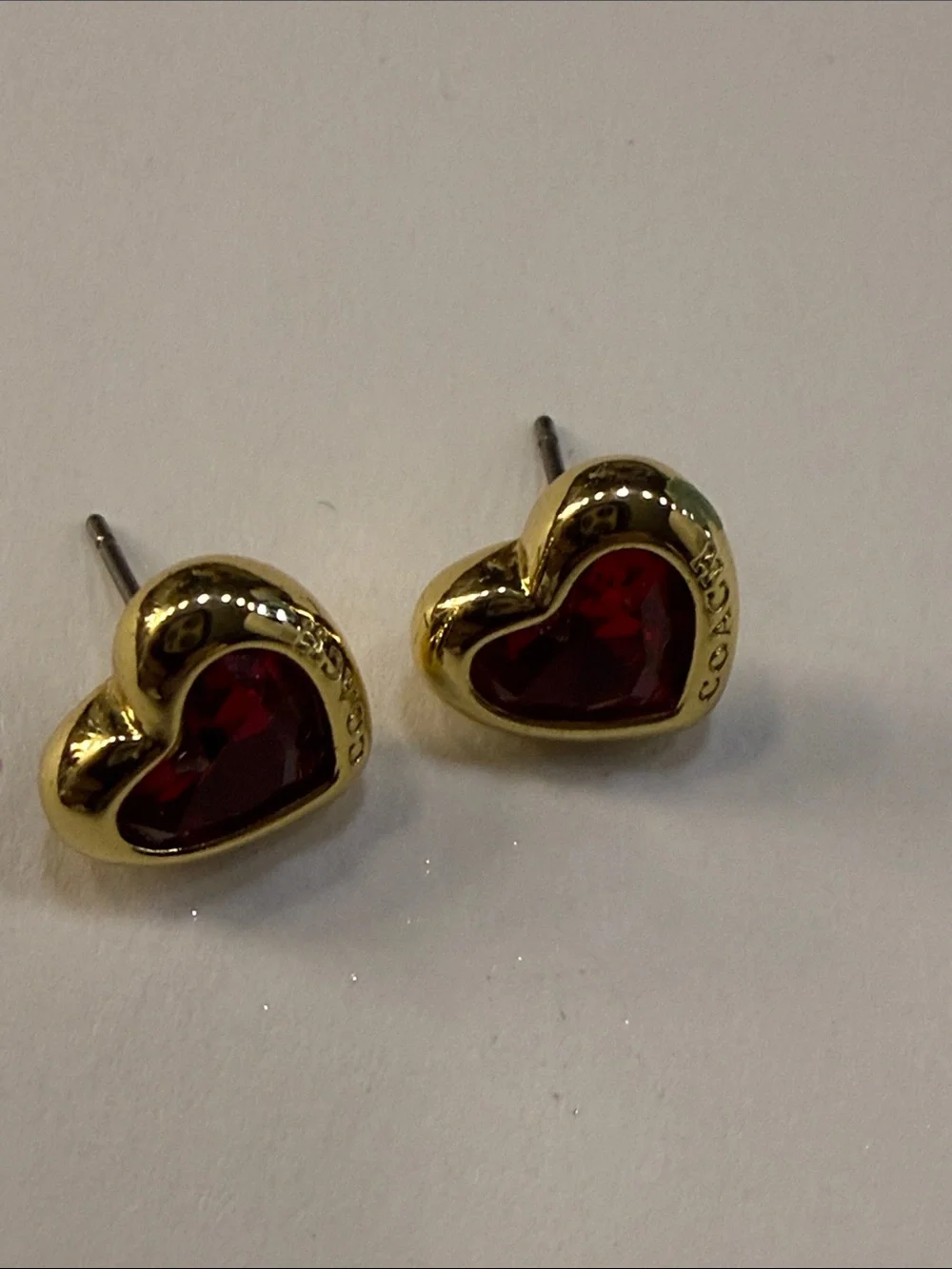 Coach Gold-Tone Heart Stud Earrings with Red Centers - Picture 3 of 3